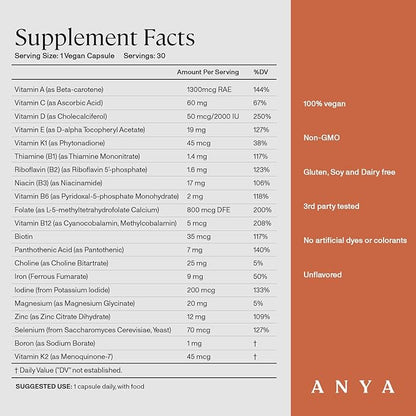 ANYA Postpartum Multivitamin, Postnatal Vitamin for Women Breastfeeding, 30 Capsules - Vitamins A, C, D3, Zinc, B12, Biotin, Folate and Iron - 100% Vegan, Non-GMO, Gluten Free, Baby Shower Gifts