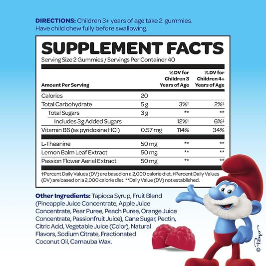 Smurfs Kids Calm Gummies | Calming Gummies for Kids with Lemon Balm & L Theanine | Made with Real Fruit | Doctor Developed | Gelatin Free Non-GMO No Artificial Flavors or Colors | 40 Servings