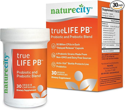 NatureCity True-Life-PB Shelf Stable Blend Prebiotics and Probiotics for Women and Men - Digestive Gut Health Supplements for Women and Men - Dairy Free - (30 Veggie Capsules)