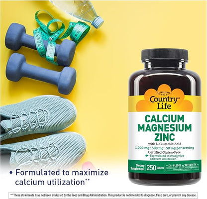 Country Life Calcium Magnesium Zinc with L-Glutamic Acid, Dietary Supplement for Bone Support, Certified Gluten Free, 1000mg/500mg/50mg, 250 Tablets
