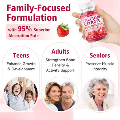 High Absorption Calcium Citrate Gummies 1200mg - Bone & Teeth Support for Adults & Kids, Vegan Sugar-Free Gummies, Strawberry Flavor, 60 Count