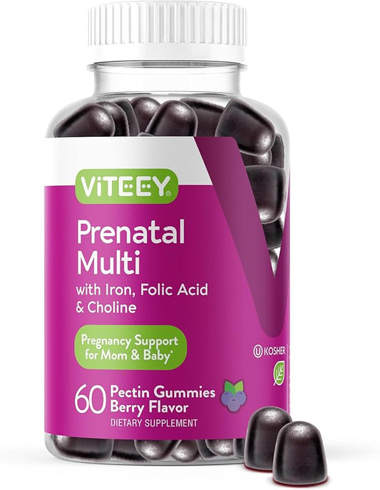 Viteey Prenatal Gummies for Women - Prenatal with Iron for Pregnancy with Choline & Folic Acid Gummies - Vegetarian, Gluten Free - 60 Count