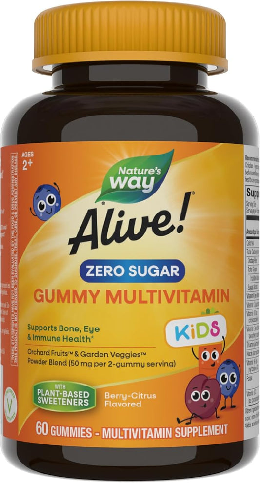 Nature's Way Alive! Kids Zero Sugar Gummy Multivitamins, for Kids Ages 2+, Supports Bone, Eye & Immune Health*, No Sugar Alcohols, Plant-Based Sweeteners, Berry-Citrus Flavored, 60 Gummies