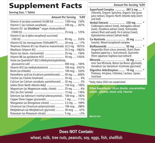 One n Only Whole Food Multivitamin by Pure Essence - Super Energetic Once a Day with Superfoods, Minerals, Enzymes, Vitamin D, D3, B12, Biotin - 30 Tablets