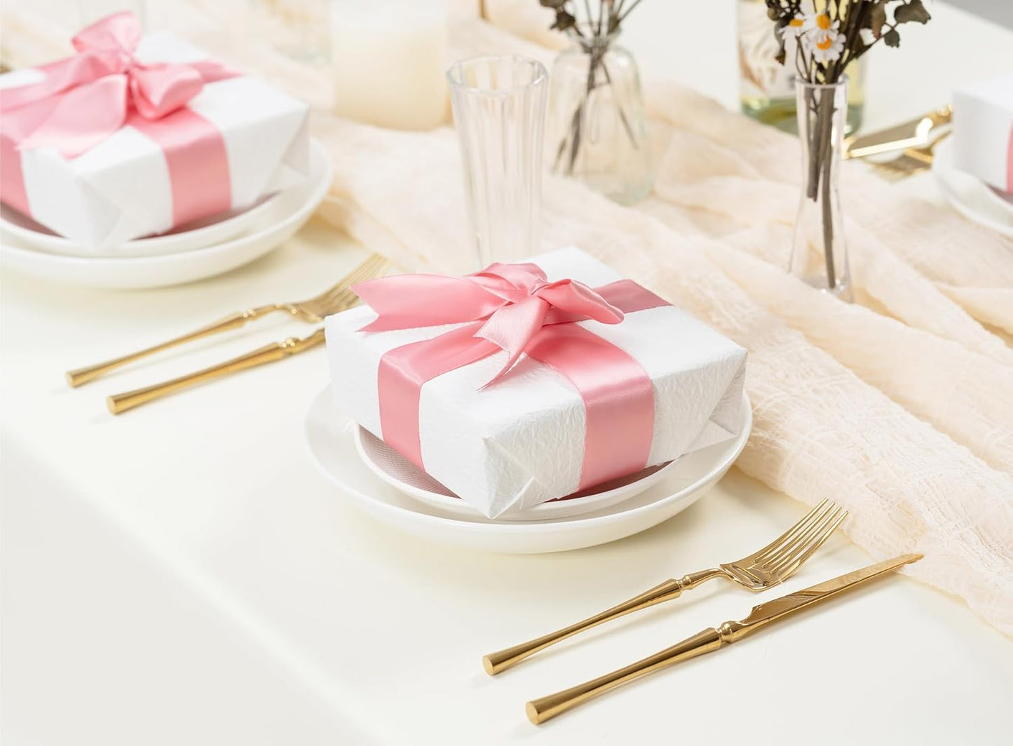 Pink Satin Ribbon 1-1/2 Inch x 50 Yards Double-Faced Valentines Ribbons for Flower Bouquet Gift Wrapping Party Decor Wedding Invitation DIY Craft