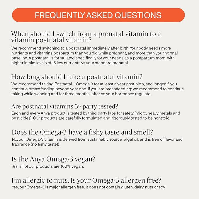 ANYA Postnatal Vitamin Bundle – Postpartum Multivitamin with Vitamins C, D, B12, Zinc & Omega-3 with DHA and EPA Supplement for Breastfeeding, Lactation, and Hair Loss – Vegan, Non-GMO, Gluten-Free