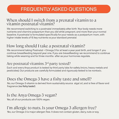 ANYA Postnatal Vitamin Bundle – Postpartum Multivitamin with Vitamins C, D, B12, Zinc & Omega-3 with DHA and EPA Supplement for Breastfeeding, Lactation, and Hair Loss – Vegan, Non-GMO, Gluten-Free