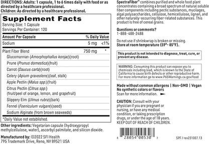 Klaire Labs SFI Health Spectrafiber - Hypoallergenic 9 Soluble Fiber Blend with Apple Pectin & Glucomannan, No Psyllium & Gluten-Free (120 Capsules)