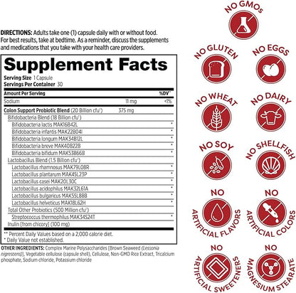Probulin Colon Support Daily Probiotic + Prebiotic + Support Gut Health, Occasional Gas and Bloating - 20 Billion CFU - 12 Strains, 30 Vegan Capsules
