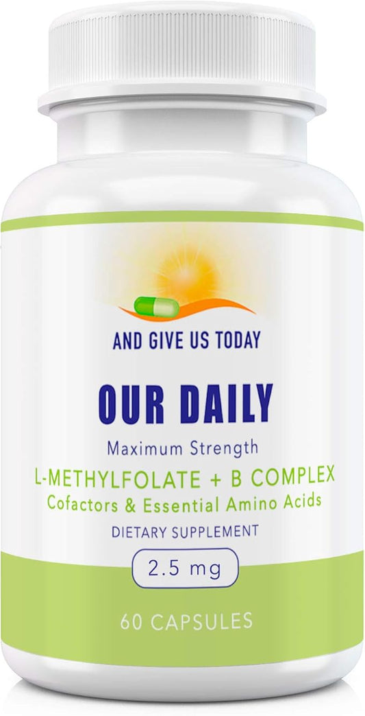 Our Daily Vites L-Methylfolate B Complex Cofactors & Essential Amino Acids (2.5mg) - Active Folate, Methylated B12 Methylcobalamin, B6 and Glycine - 60 Count
