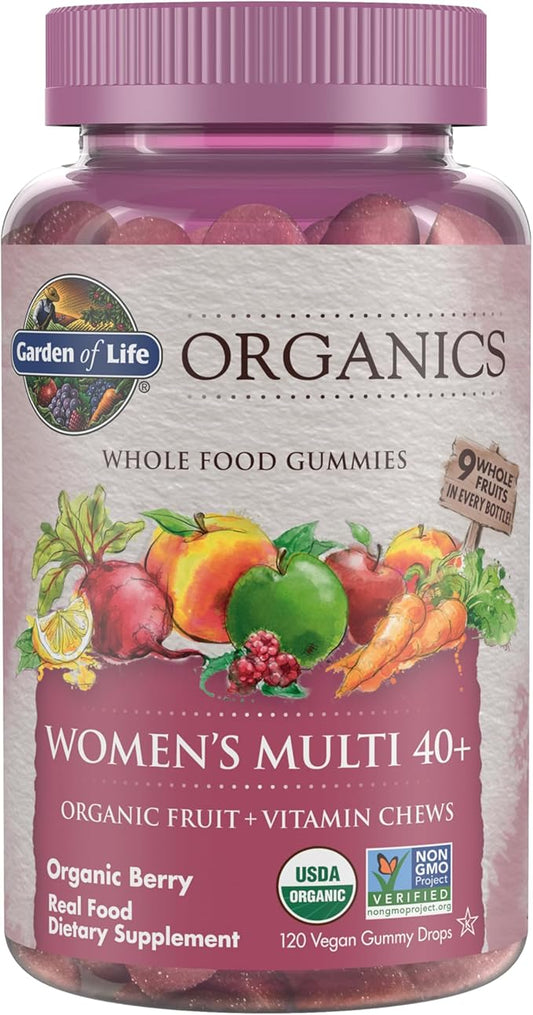 Garden of Life Organics Women 40+ Gummy Vitamins - Berry - Certified Organic, Non-GMO, Vegan, Kosher Complete Multi - Methyl B12, C & D3 - Gluten, Soy & Dairy Free, 120 Real Fruit Gummies
