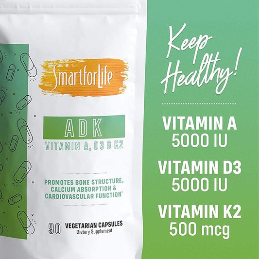 Smart for Life ADK Vitamins Supplement - High Potency Vitamin ADK - Vitamin D3, Vitamin K2 & Vitamin A - Supports Bone and Heart Health - 5,000 IU Vitamin A - 5,000 IU Vitamin D3-500mcg Vitamin K2
