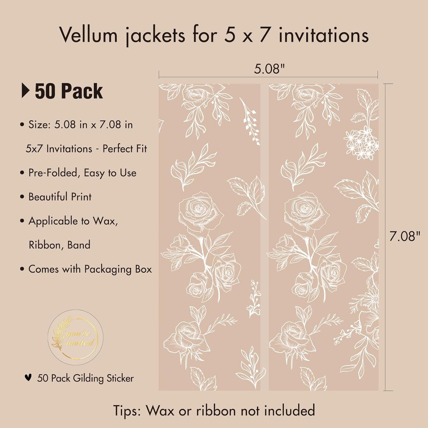 50 Pack Pre-Folded Vellum Jackets for 5x7 Invitations,AZAZA Translucent Invitation Sleeves,115GSM Vellum Jackets 5x7, Wedding Invitation Accessories,for Weddings Birthdays,Botanical Flower Pattern