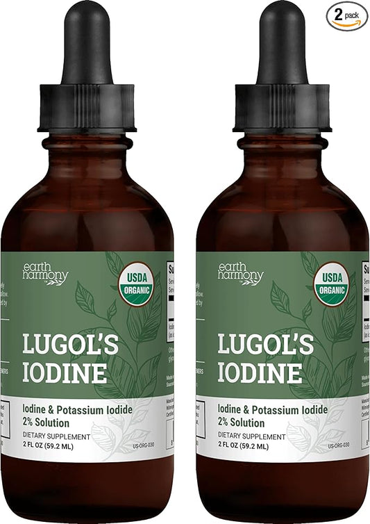 Organic Lugol's Iodine (2-Pack), Iodine and Potassium Iodide 2% Solution 3000 mcg - Liquid Supplement Drops for Thyroid Support for Women & Men, Metabolism Health, Detox Boost - 395 Servings (2 Fl Oz)