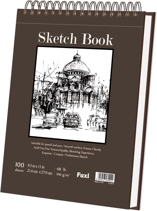 Fuxi Sketchbook 8.5x11, 100 Sheets Hard Cover Sketch Book 8.5" x 11", 68 lb/100gsm Drawing Pad Paper, Spiral Sketch Pad 8.5" x 11", Blank Sketchbook for Art Class, Artist Supplies for Adults