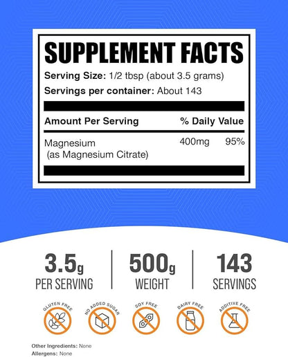 BulkSupplements.com Magnesium Citrate Powder - Magnesium 400mg Supplement, Easily Absorbable - Pure & Gluten Free, 3.5g per Serving, 500g (1.1 lbs) (Pack of 1)