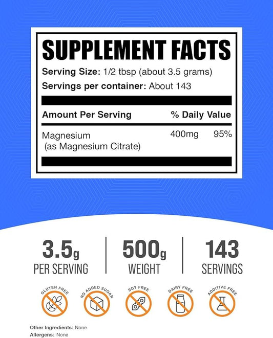 BulkSupplements.com Magnesium Citrate Powder - Magnesium 400mg Supplement, Easily Absorbable - Pure & Gluten Free, 3.5g per Serving, 500g (1.1 lbs) (Pack of 1)