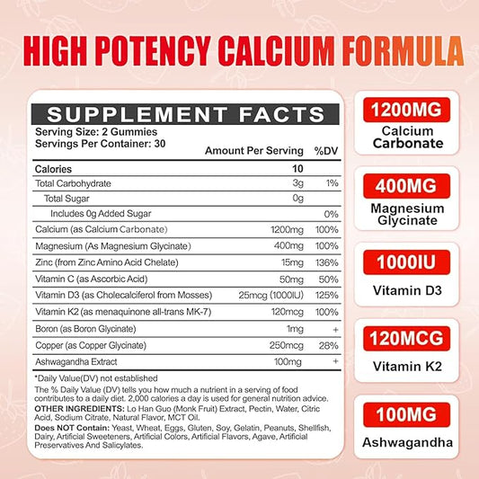 Calcium Magnesium Zinc Gummies with Vitamin D3 for Adults, Calcium Citrate 1200mg with K2, Boron, Copper and Ashwagandha, Absorption Calcium Supplement for Bone, Muscle, Immune for Men Women, 60 Count