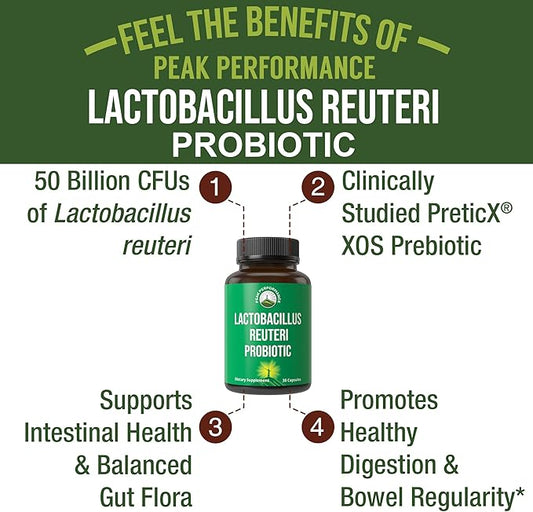 Lactobacillus Reuteri 50 Billion CFU Probiotics with Clinically Studied PreticX® XOS Prebiotic. L Reuteri Probiotic Capsules Supplement for Gut Health and Digestive Support. For Both Women & Men