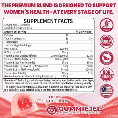 Inositol Gummies with Evening Primrose Oil for Women - 40:1 Ratio Myo-Inositol 2000mg & D-Chiro Inositol 50mg with Vit D3 B6 B12 & Zinc, Sugar-Free for Female Natural Balance & Wellness, Vegan (60ct)