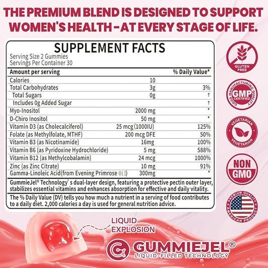 Inositol Gummies with Evening Primrose Oil for Women - 40:1 Ratio Myo-Inositol 2000mg & D-Chiro Inositol 50mg with Vit D3 B6 B12 & Zinc, Sugar-Free for Female Natural Balance & Wellness, Vegan (60ct)
