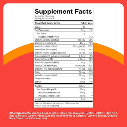 SmartyPants Kids Multivitamin Gummies - Improved Formula: Omega 3 (DHA/EPA), Vitamins D3, C, B12, B6, Vitamin A, K & Zinc, Gluten Free, Three Fruit Flavors, 60 Count (30 Day Supply)