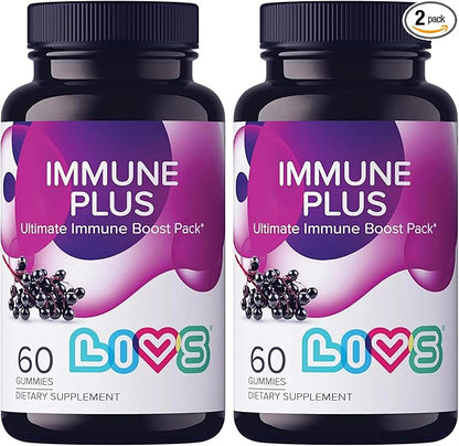 Immune Plus Gummies – Elderberry Extract with Vitamin C, D3, & Zinc | Plant Based Immune Support Supplements for Adults & Kids | Gluten Free & Chewable Elderberry Flavored Gummy Vitamins - 120 Ct