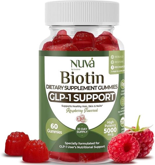NuVa by Trulore Biotin Gummies 5000 mcg | GLP-1 Support for Hair Growth, Skin & Nails | Zero Sugar, Vegan Gummy Vitamins for Men & Women | Raspberry Flavor | 60 Gummies - 30 Day Supply