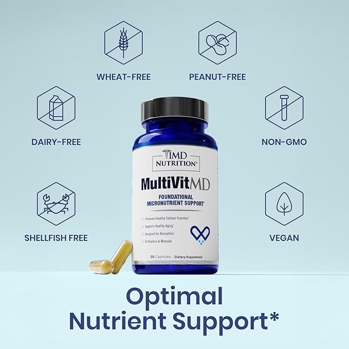 1MD Nutrition MultiVitMD Daily Multivitamin – 19 Essential Vitamins & Minerals for Adults Over 55 | Supports Healthy Aging, Heart, Brain, Bone, & Immune Health | Designed for Absorption | 30 Capsules