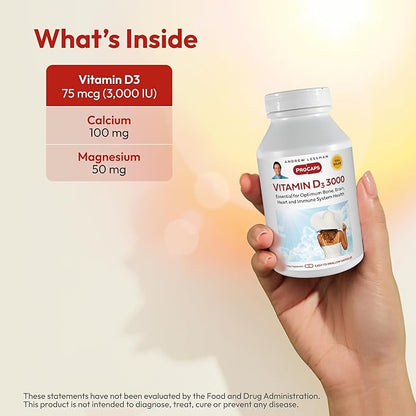 ANDREW LESSMAN Vitamin D3 3000 IU 360 Capsules - High Potency, Essential for Calcium Absorption, Supports Bone Health, Healthy Muscle Function, Immune System, More. Small Easy to Swallow Capsules