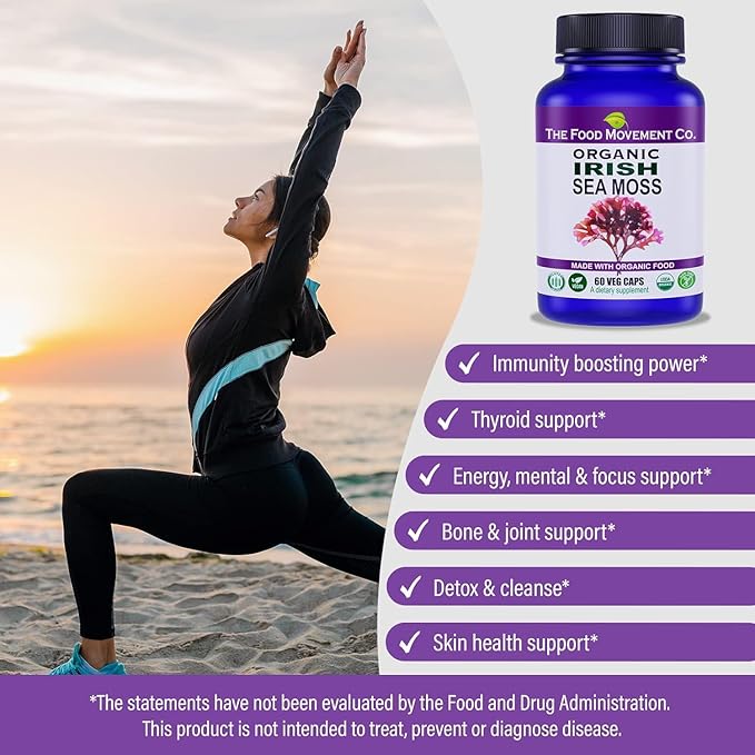 Irish Sea Moss, Organic Prebiotic Food, Over 70 Trace Minerals, Supports Healthy Elimination, Digestion and Immune Support 120 Vegan Capsules