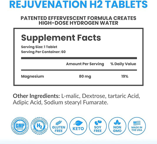 DRINK HRW Rejuvenation Molecular Hydrogen Water Tablets: 12 ppm H2 - Hydrogen & Magnesium Supplement, Supports Energy Production, Recovery, Cognitive Function (Unflavored 60ct)