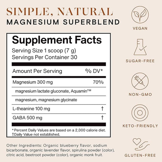 mellö Magnesium Supplement Superblend Powder - Magnesium Glycinate with L-Theanine, GABA, and 70 Trace Minerals - Supports Sleep, Relaxation, Balanced Energy - Lemon Flavor, 30 Servings