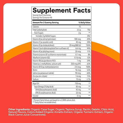 SmartyPants Kids Multivitamin Gummies - Improved Formula: Omega 3 (DHA/EPA), Vitamins D3, C, B12, B6, Vitamin A, K & Zinc, Gluten Free, Three Fruit Flavors, 80 Count (40 Day Supply)