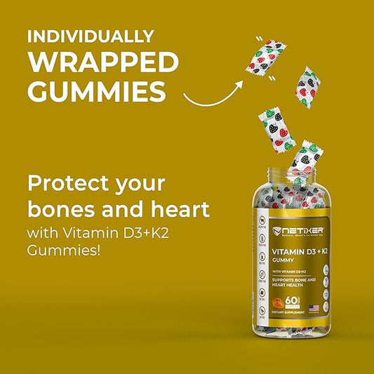 Vitamin D3 + K2 Gummies – Bone & Heart Support – with 10 mcg D3 (Cholecalciferol) & 55 mcg MK-7 K2 – Vegan, Gluten-Free, Gelatin-Free – Orange Flavor – Non-GMO – 60 Gummies – Allergen-Free