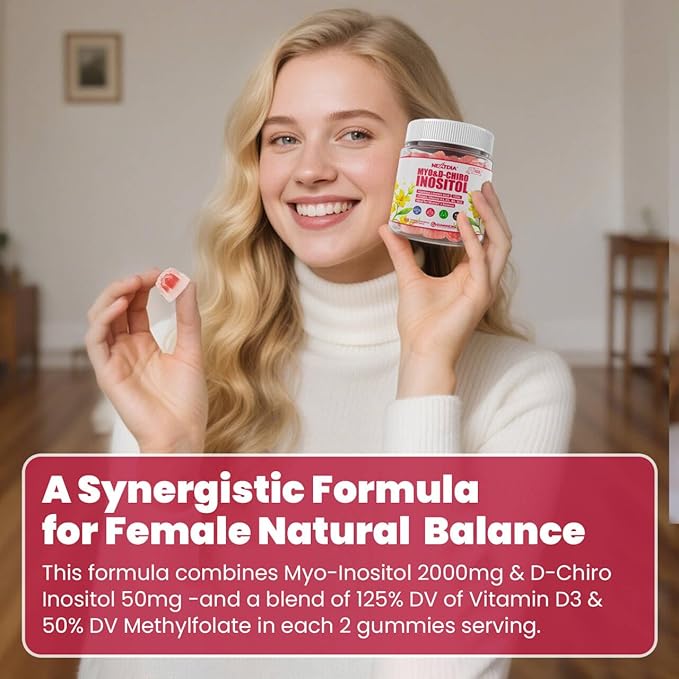 Inositol Gummies with Evening Primrose Oil for Women - 40:1 Ratio Myo-Inositol 2000mg & D-Chiro Inositol 50mg with Vit D3 B6 B12 & Zinc, Sugar-Free for Female Natural Balance & Wellness, Vegan (60ct)