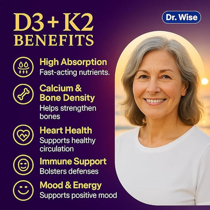 Dr. Wise Vitamin D3 + K2 – 5000 IU D3 with MK-7, One Per Day, for Strong Bones, Heart Health & Rejuvenated Vitality – Easy Swallow, Non-GMO – 60 Capsules, 2-Month Supply