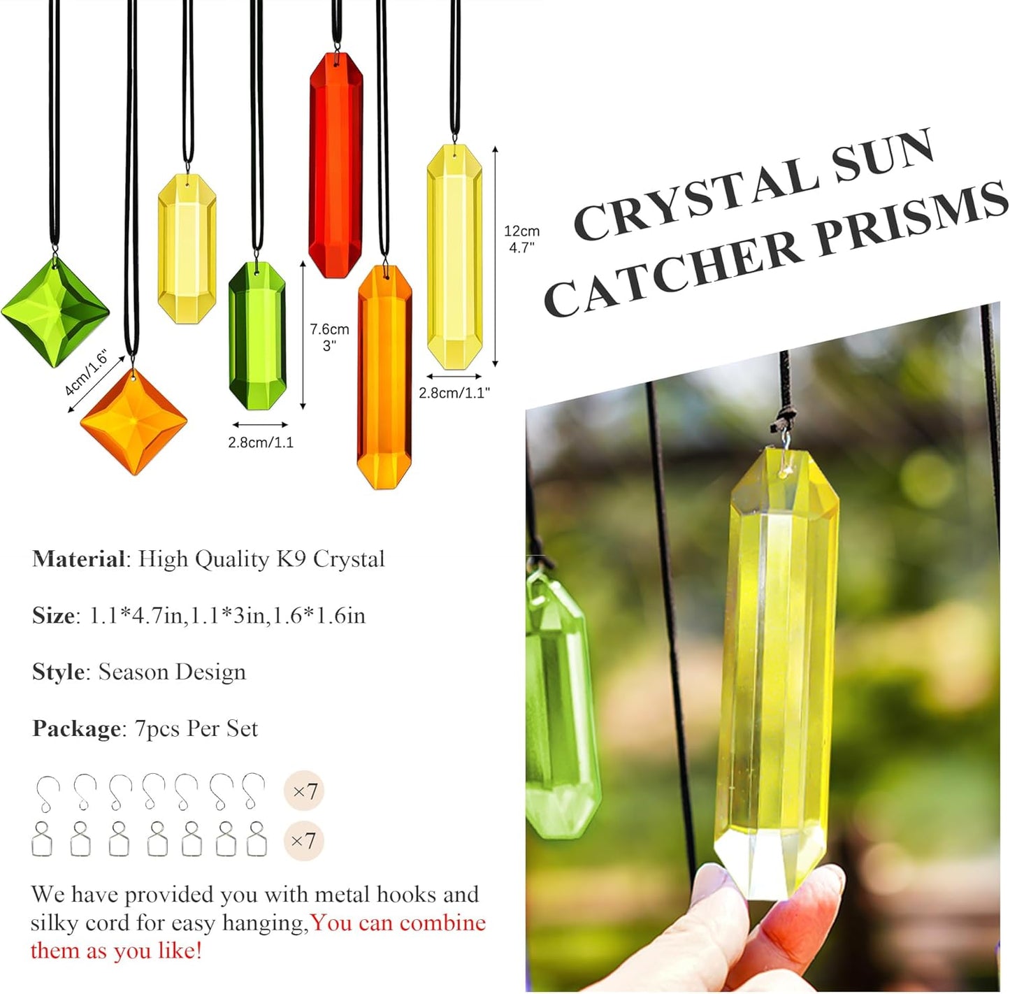 HDCRYSTALGIFTS 7PCS Crystal Prisms Suncatcher for Window Hanging, Rainbow Hanging Crystal Sun Catchers Indoor Window, Home Garden Christmas Decorations (Season Design)