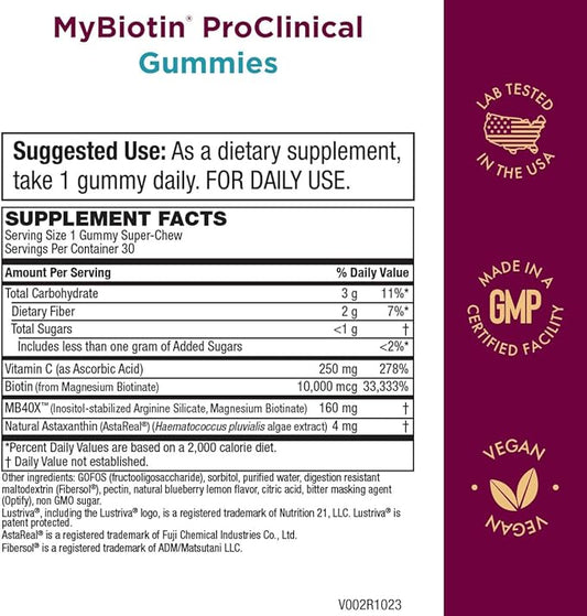 Purity Products MyBiotin ProClinical Gummies - Thicker Hair Starting in 3 Weeks & Fights Wrinkles - MB40X Biotin Matrix w/Astaxanthin - 40X More Soluble vs Ordinary Biotin 30 Berry Gummy Chews