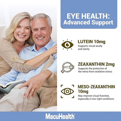 Macuhealth Plus+ Eye Vitamins Supplement for Adults - 90 Day Supply with Lutein, Zeaxanthin, and Meso-Zeaxanthin - Unflavored, Vitamin for Eyes