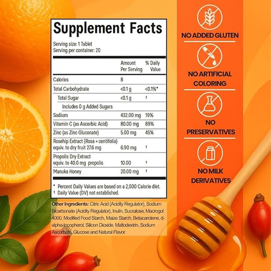 5 in 1 Immune Booster – Vitamin C, Zinc, Manuka Honey, Rosehip & Propolis – Natural Orange Fizzy Drink Supplement for Daily Immune Support (60 Effervescent Tablets)