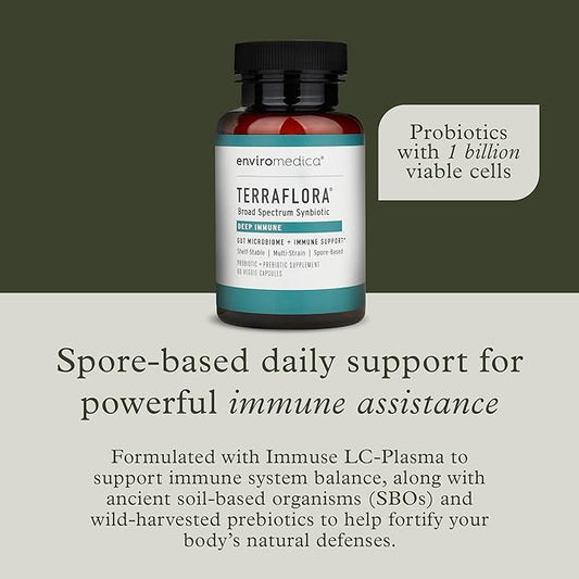 Terraflora Deep Immune Synbiotic- SBO Probiotic and Prebiotic, Immune Support, Gut Health, Soil Based Spore Pre and Probiotics for Women and Men, LC-Plasma, Bacillus Coagulans, Subtilis, 60 Capsules
