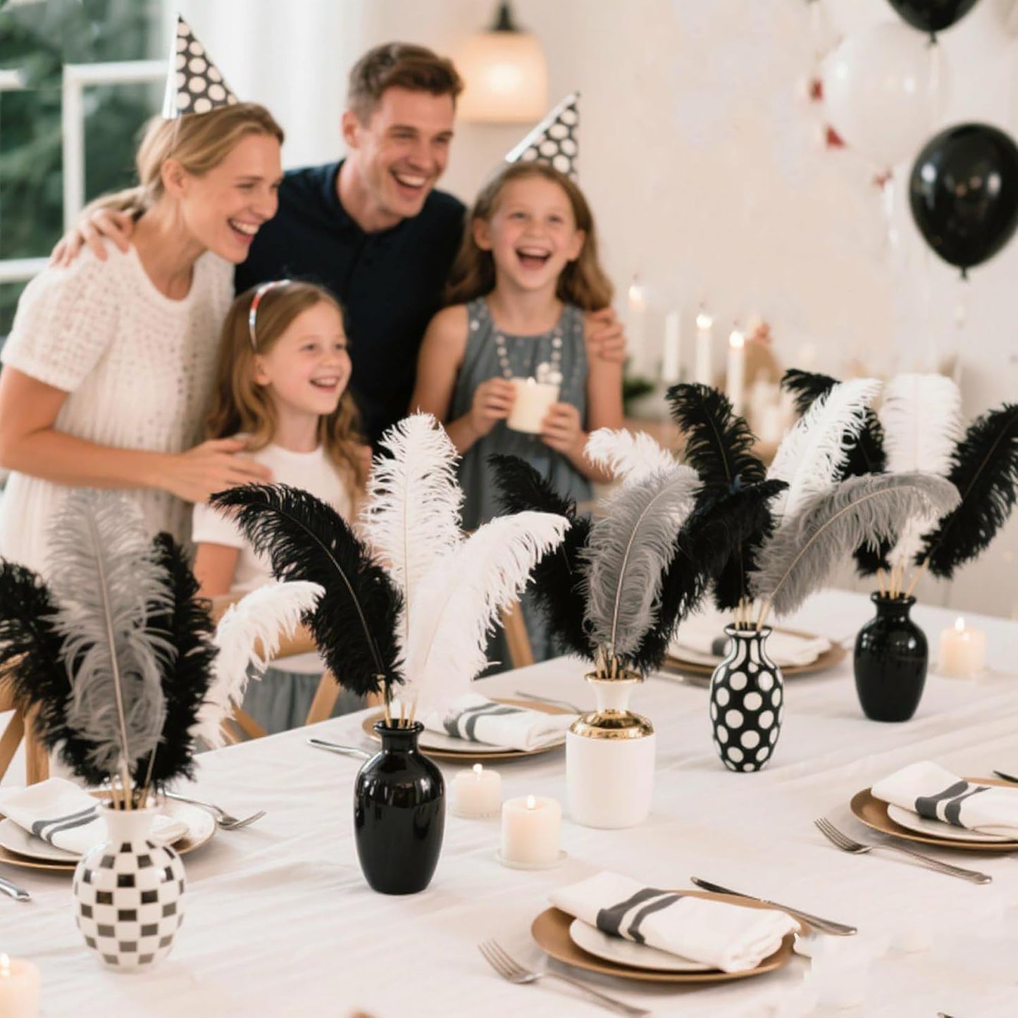 Holmgren Black White Grey Ostrich Feathers - 20pcs Making Kit 22 Inch Ostrich Feathers Bulk for Vase, Floral Arrangement, Wedding Party Centerpieces and Home Decorations
