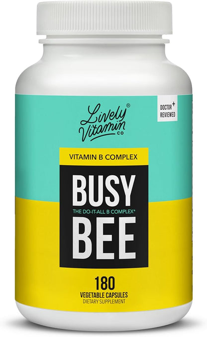 LIVELY VITAMIN CO. Busy Bee - Highly Bioavailable Vitamin B Complex with Choline - Energy - Stress - Brain Fog - Mental Clarity - Oxidative Damage - Dairy Soy Gluten Free - 180 Vegan Capsules