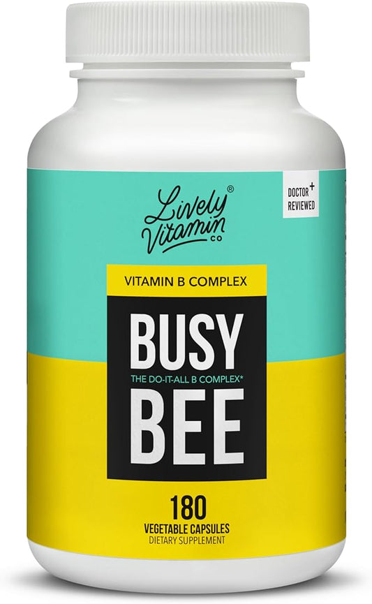 LIVELY VITAMIN CO. Busy Bee - Highly Bioavailable Vitamin B Complex with Choline - Energy - Stress - Brain Fog - Mental Clarity - Oxidative Damage - Dairy Soy Gluten Free - 180 Vegan Capsules