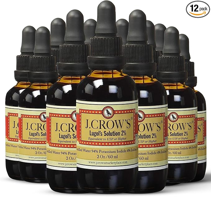 J.CROW'S® Lugol's Solution of Iodine 2% 2 oz (12 Bottles) – Premium Potassium Iodide Liquid, Supports Thyroid & Energy, Gluten &, Alcohol-Free Natural Brine Extract, No Expiration