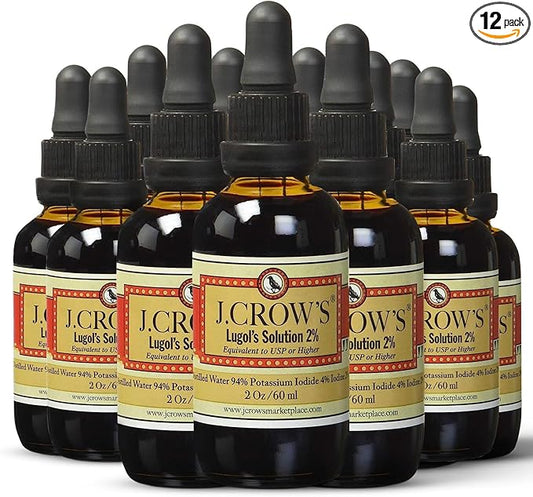 J.CROW'S® Lugol's Solution of Iodine 2% 2 oz (12 Bottles) – Premium Potassium Iodide Liquid, Supports Thyroid & Energy, Gluten &, Alcohol-Free Natural Brine Extract, No Expiration