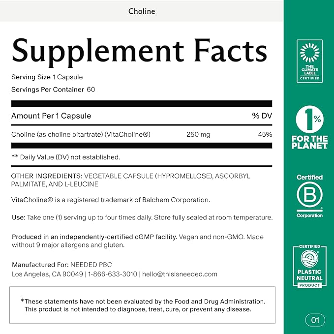 Needed. Prenatal Choline for Cognitive Development - Choline Supplement Aids Baby Brain Development - Supports Healthy Pregnancy & Metabolism - Third Party Tested - 60 Capsules