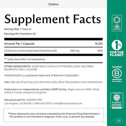 Needed. Prenatal Choline for Cognitive Development - Choline Supplement Aids Baby Brain Development - Supports Healthy Pregnancy & Metabolism - Third Party Tested - 60 Capsules