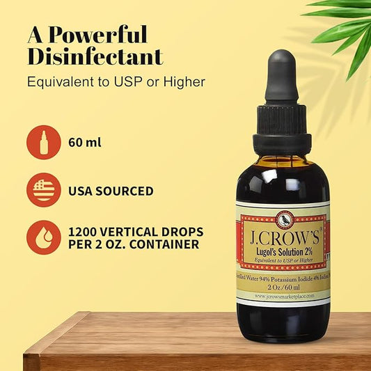 J.CROW'S® Lugol's Solution of Iodine 2% 2 oz (12 Bottles) – Premium Potassium Iodide Liquid, Supports Thyroid & Energy, Gluten &, Alcohol-Free Natural Brine Extract, No Expiration
